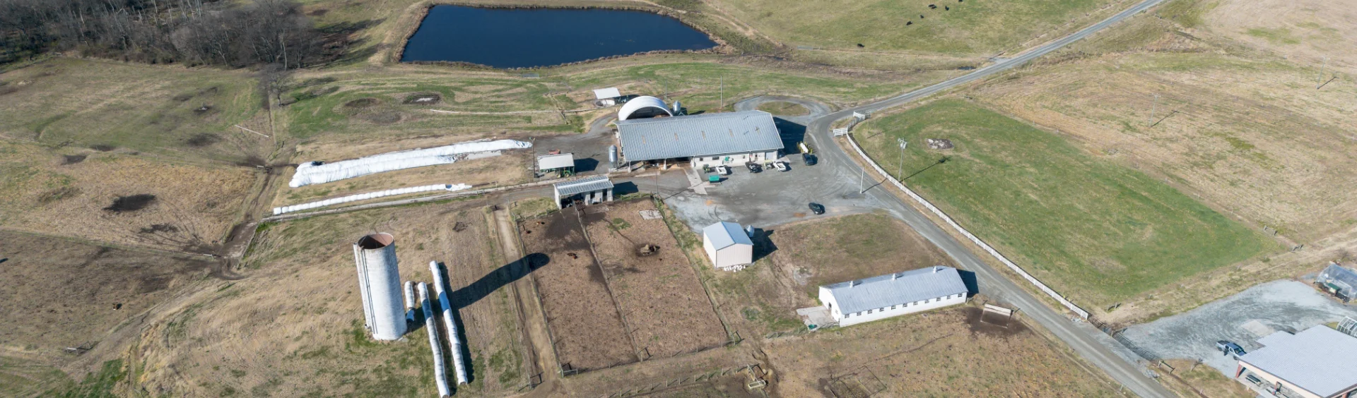 Aerial view of a farm featuring a large white barn, a tall silo, livestock pens, rows of white silage bags, and a pond in the background surrounded by fields