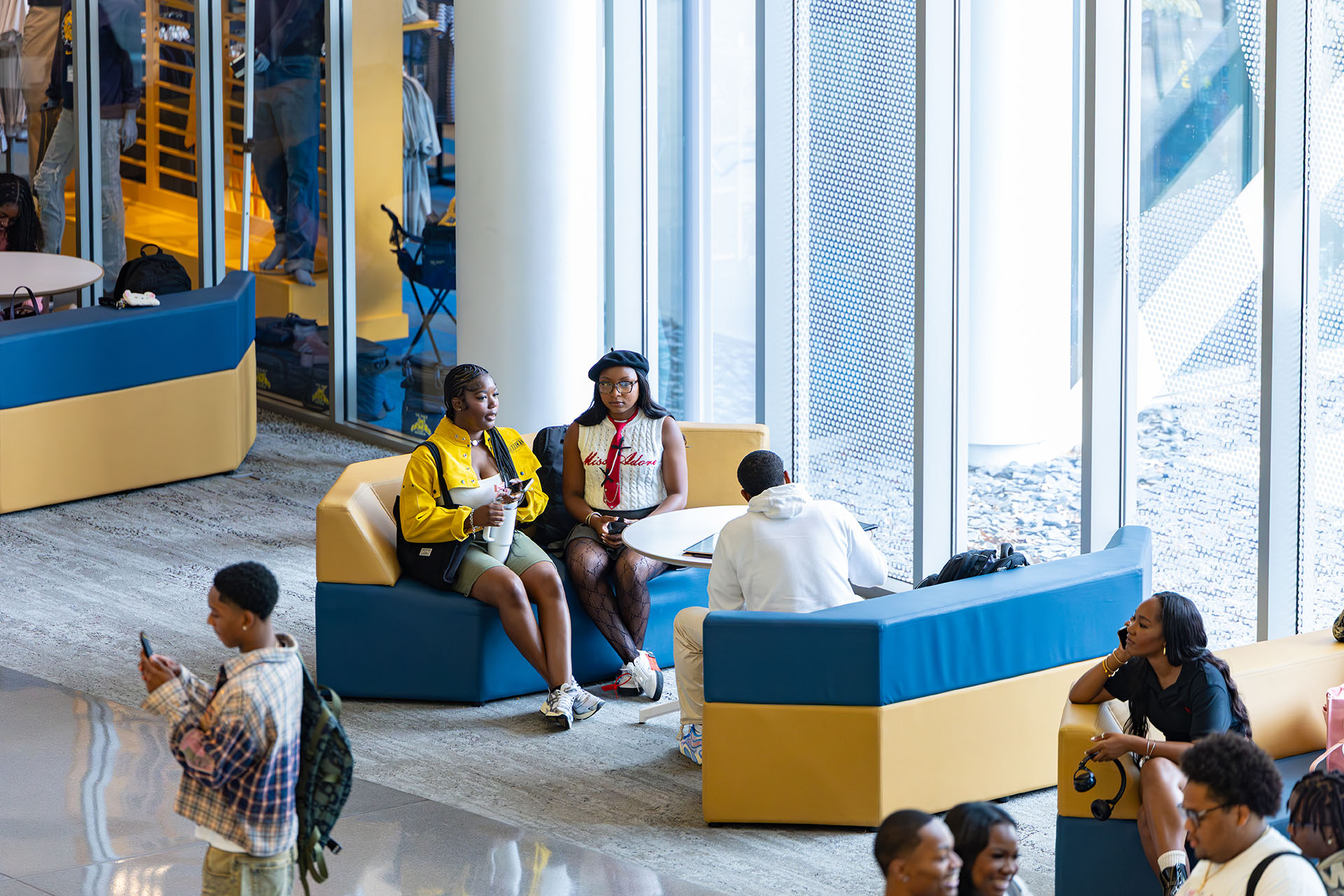 Students lounging in Student Center lobby